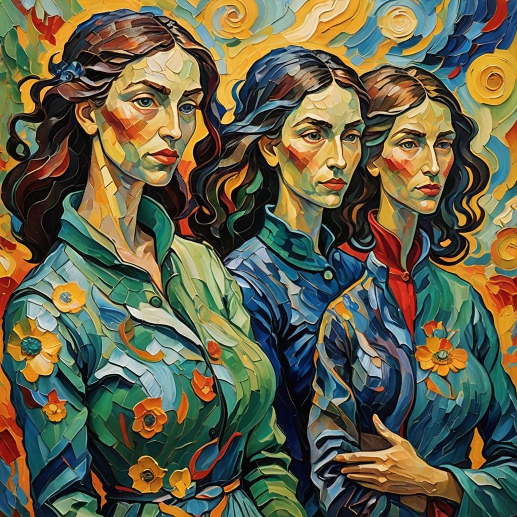 Colorful Figures in Neo-Impressionist Expressionist Oil Pain...