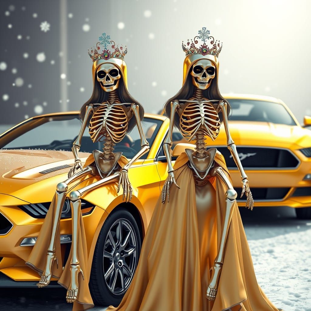 Glamorous Twin Skeleton Princesses Pose with Chrome Mustangs...