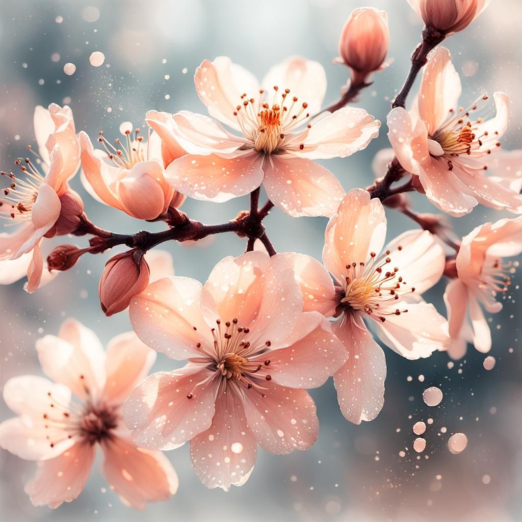 Luminous Peach Flower Blossoms in Mixed Media Style