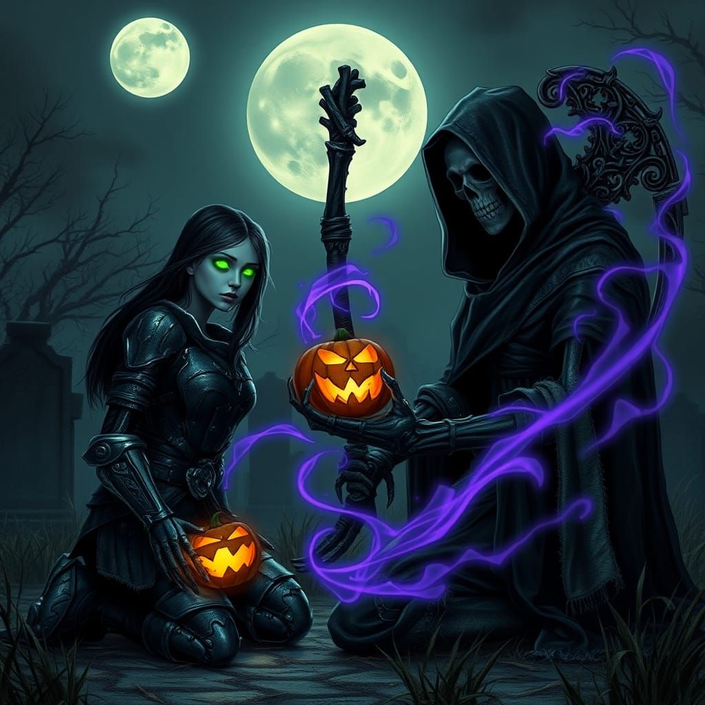 Warrior Encounters Grim Reaper in Graveyard Scene