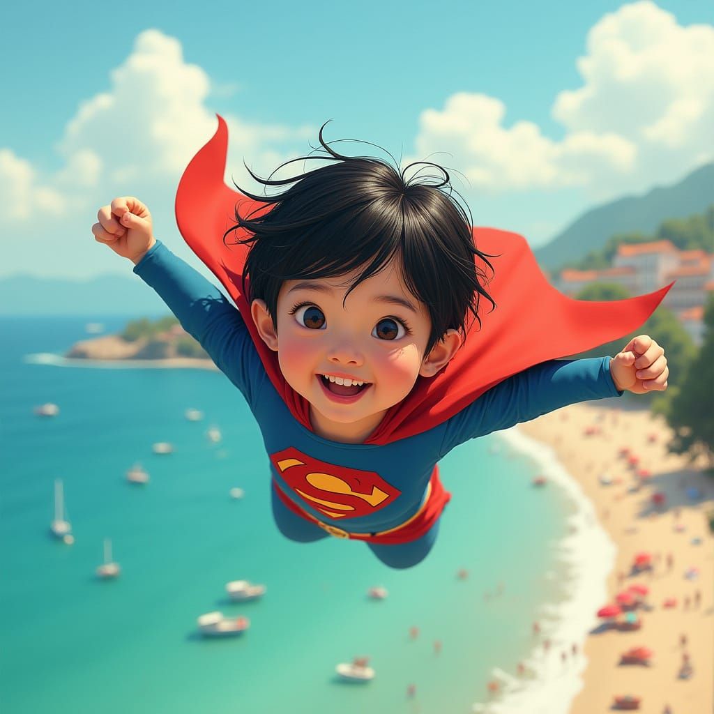Girl as Superman Flies Over Ravenna Beach
