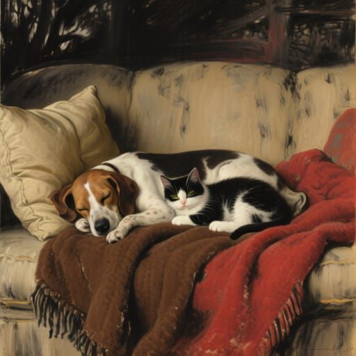 Cozy Sofa Scene: Dogs and Kittens in Dark Romanticism Style
