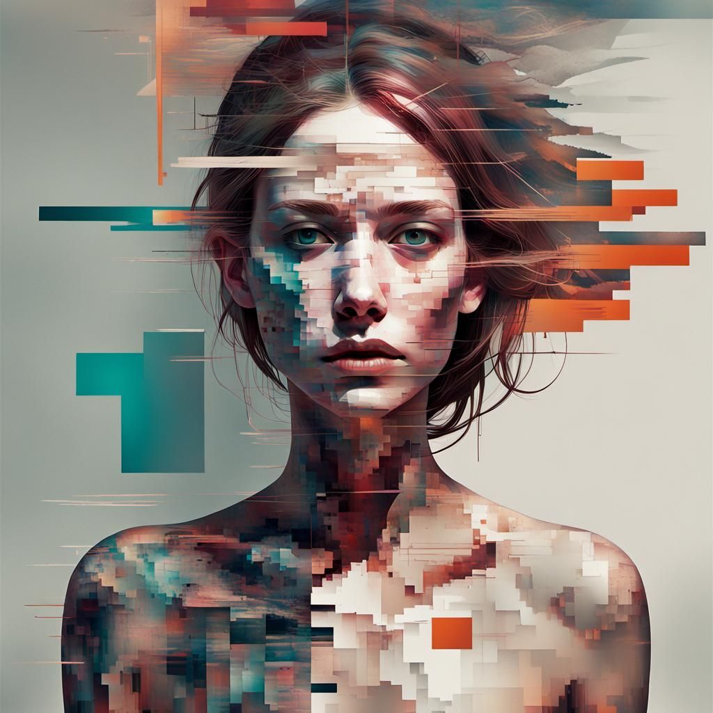 Fragmented Female Figure in Glitch Art Style