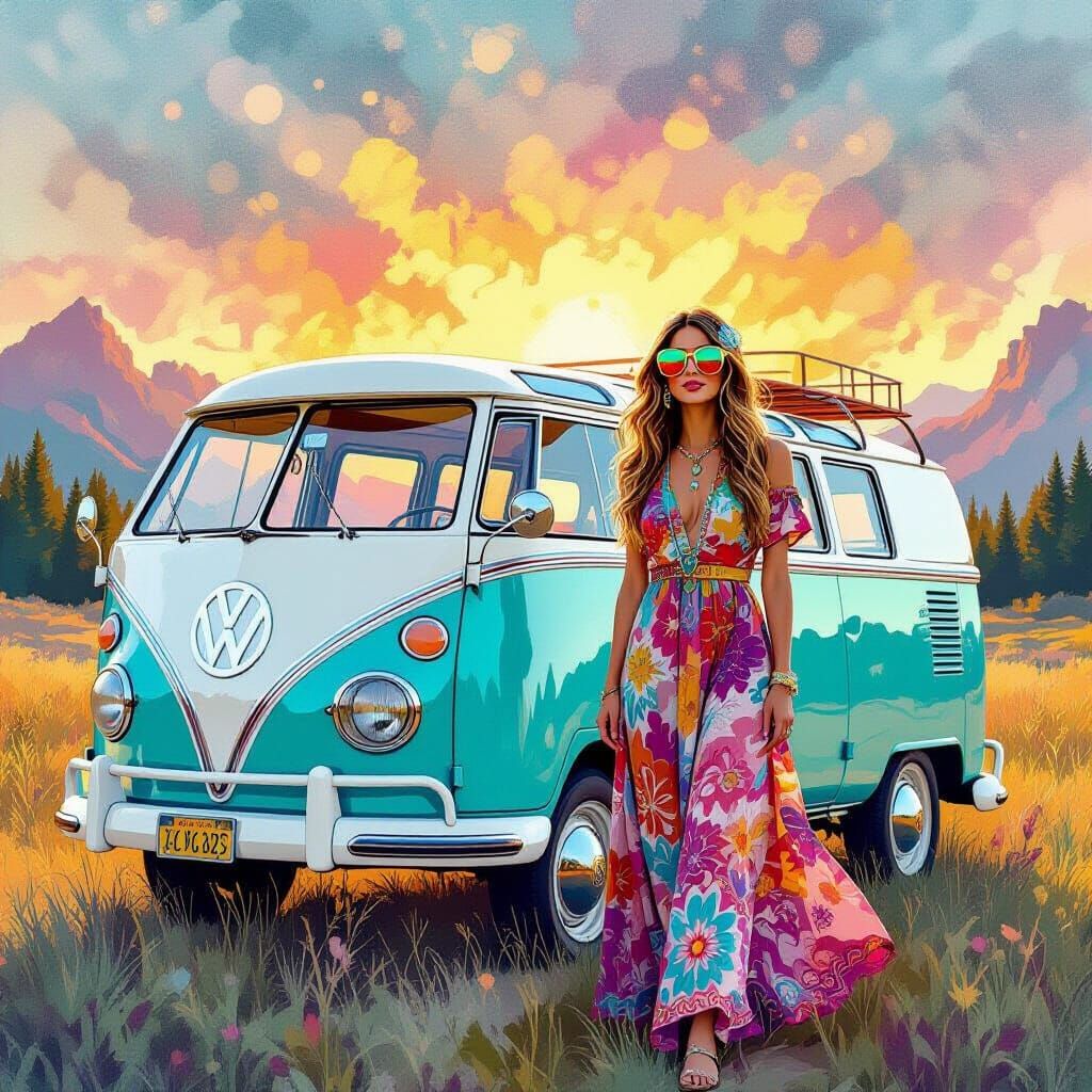 Hippie Woman at Concert with 60s VW Bus