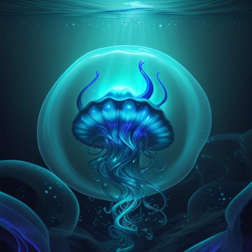 Ethereal Abyssal Jellyfish Drifts Through Dark Ocean Depths