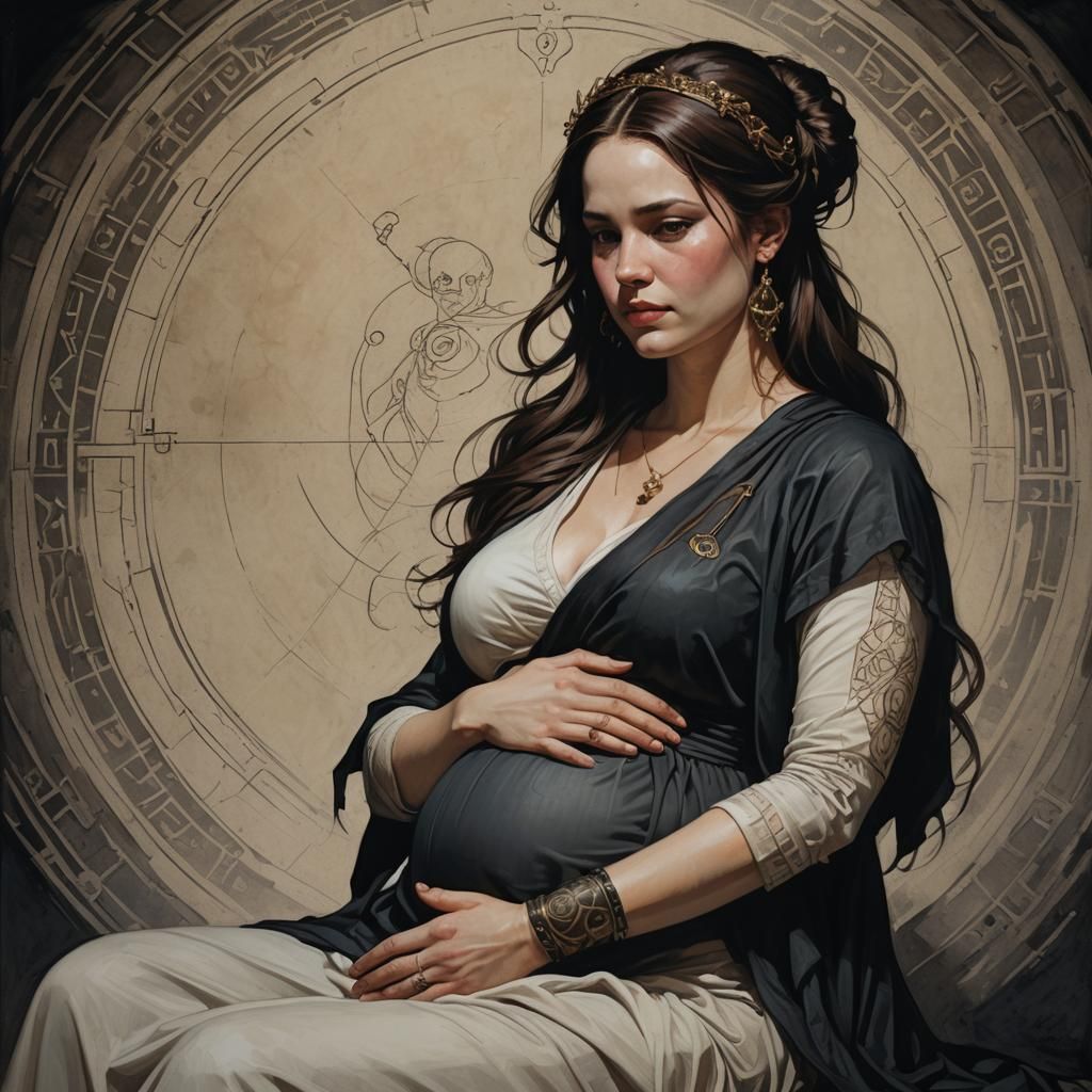 Happy Pregnant Woman Portrait with Esoteric Symbols