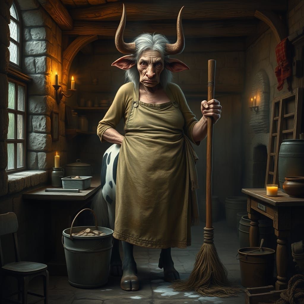 Weary Cow Centaur in Dimly Lit Kitchen