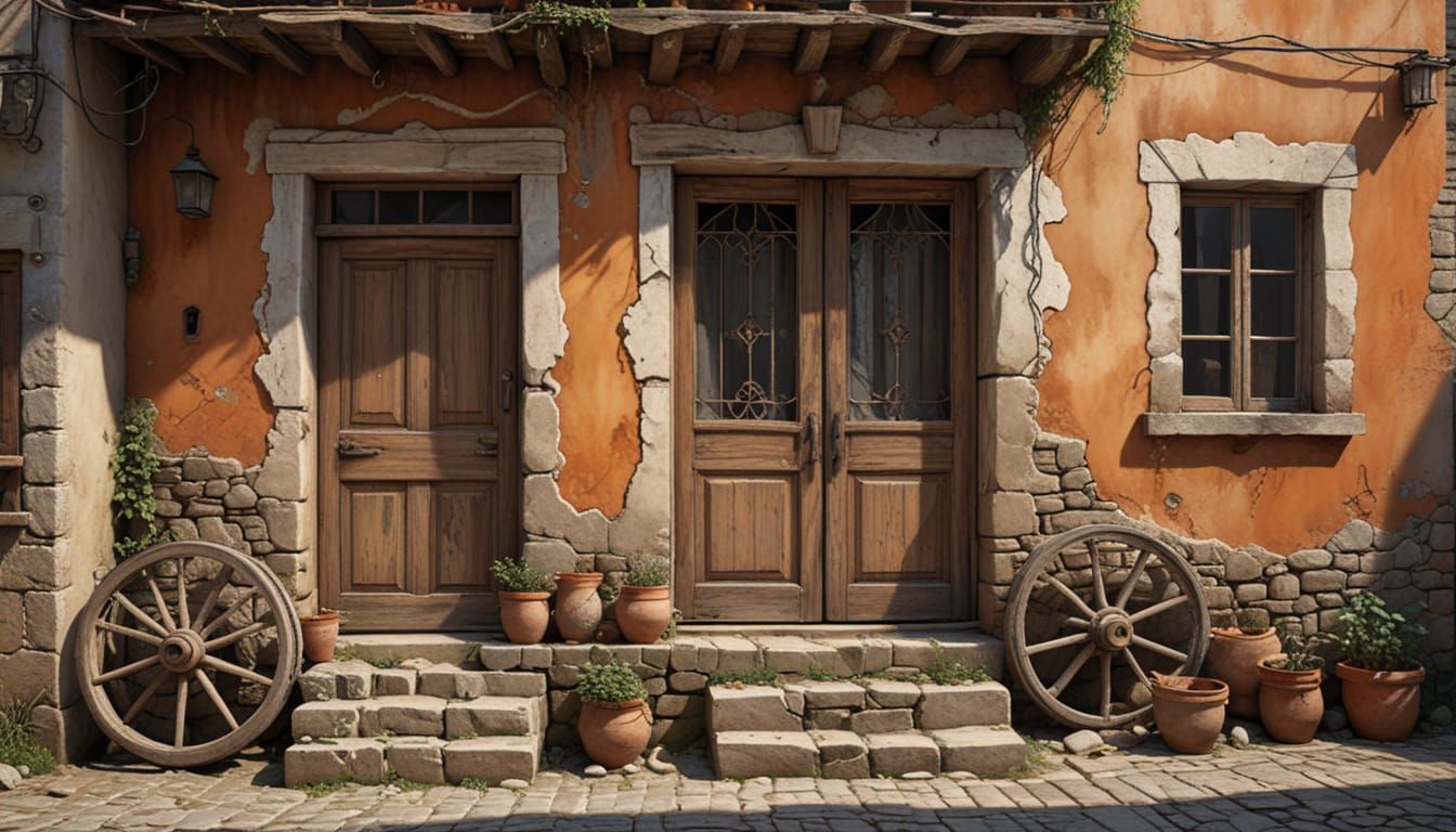 Decaying Mud-Brick Facade in Photorealistic Digital Painting