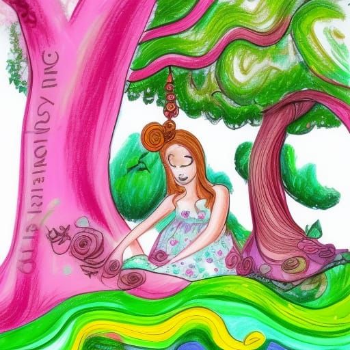 Girl Drawing Under Oak Tree in Gouache Style