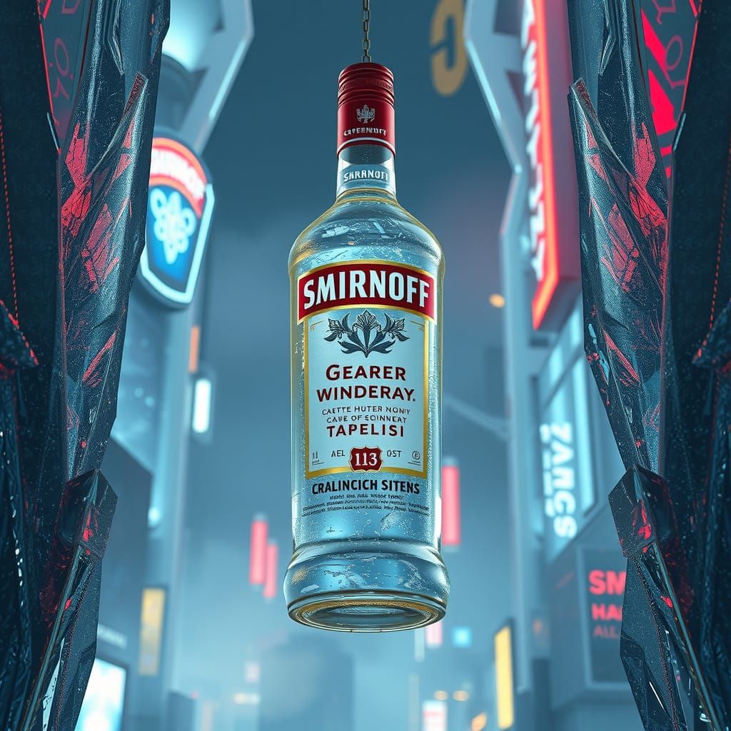 Crystal Clear Smirnoff Bottle Suspended in Neon City Fog
