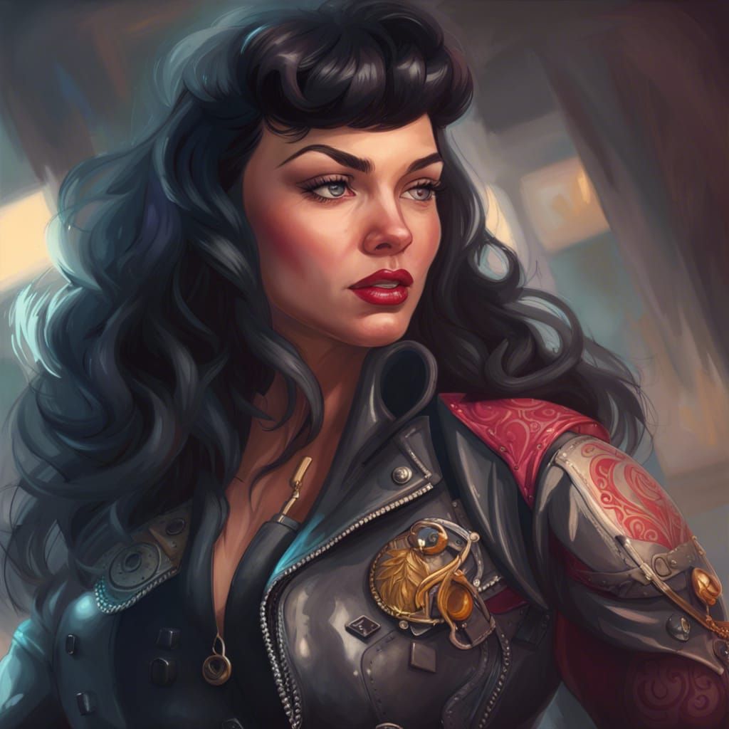 Bettie Page Portrait with Biker Jacket, Detailed Art