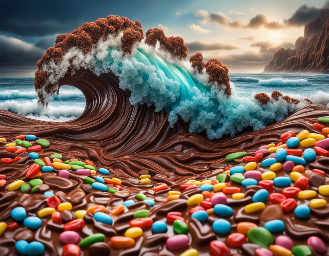 Hyperrealistic Candy Seascape with Chocolate Waves