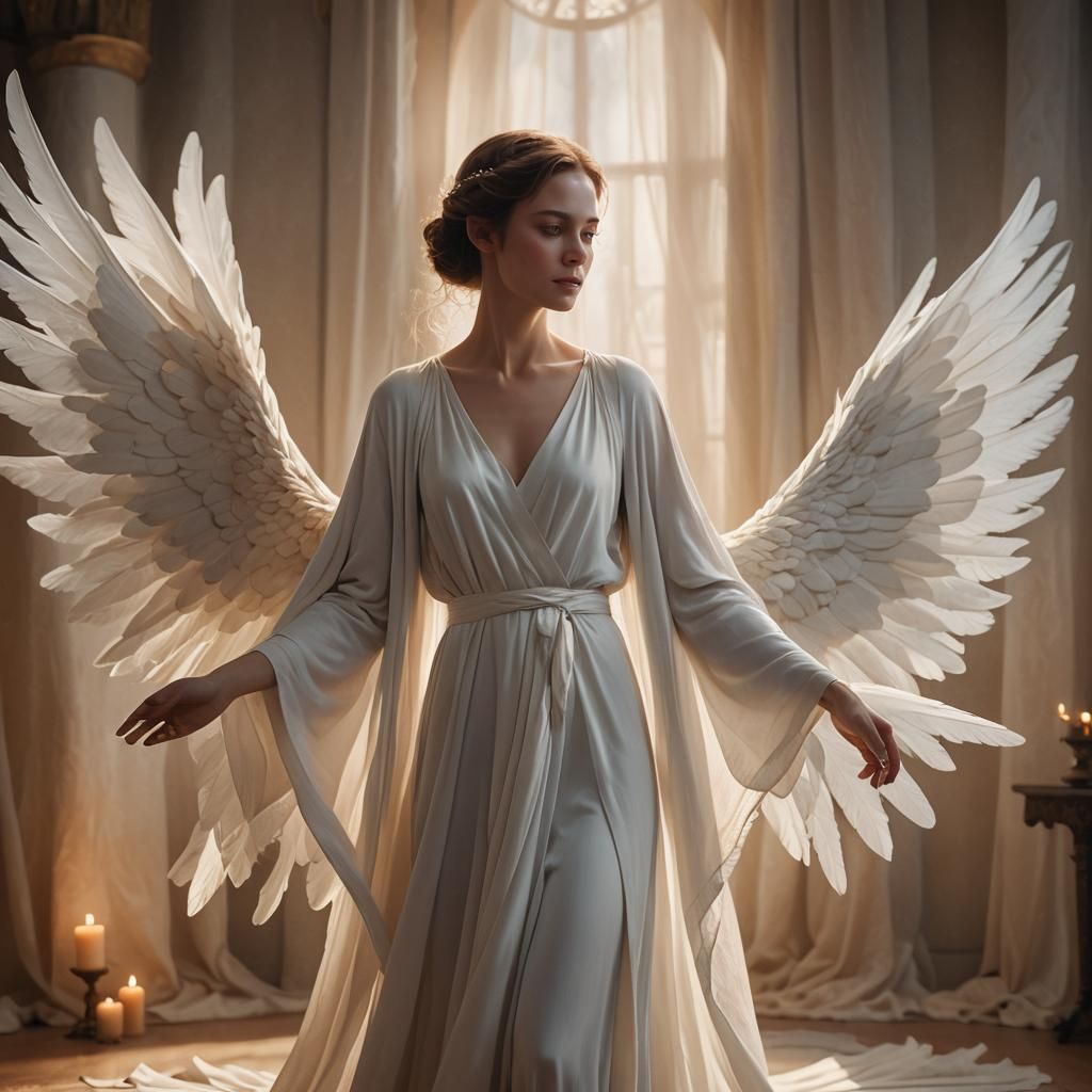 Ethereal Woman with Wings in Dreamlike Setting