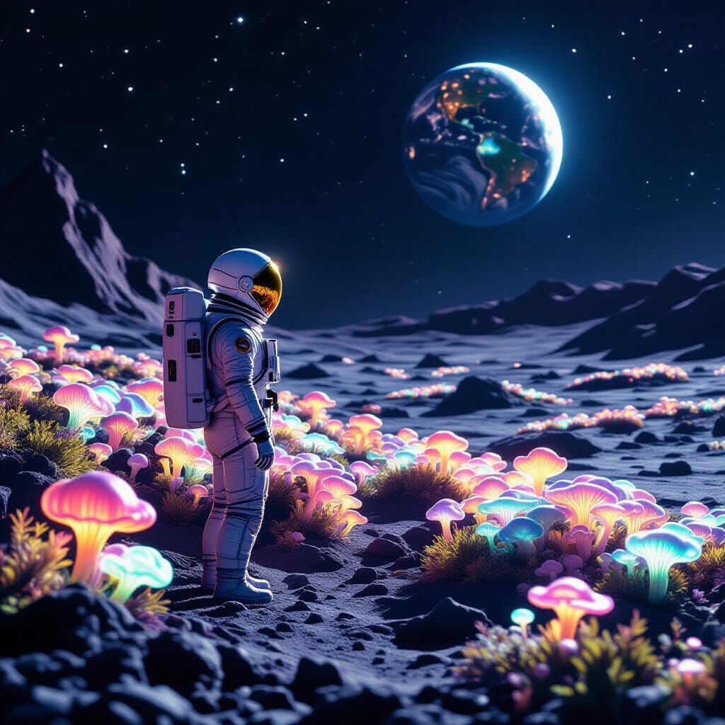 Astronaut's Moon Garden of Bioluminescent Fungi