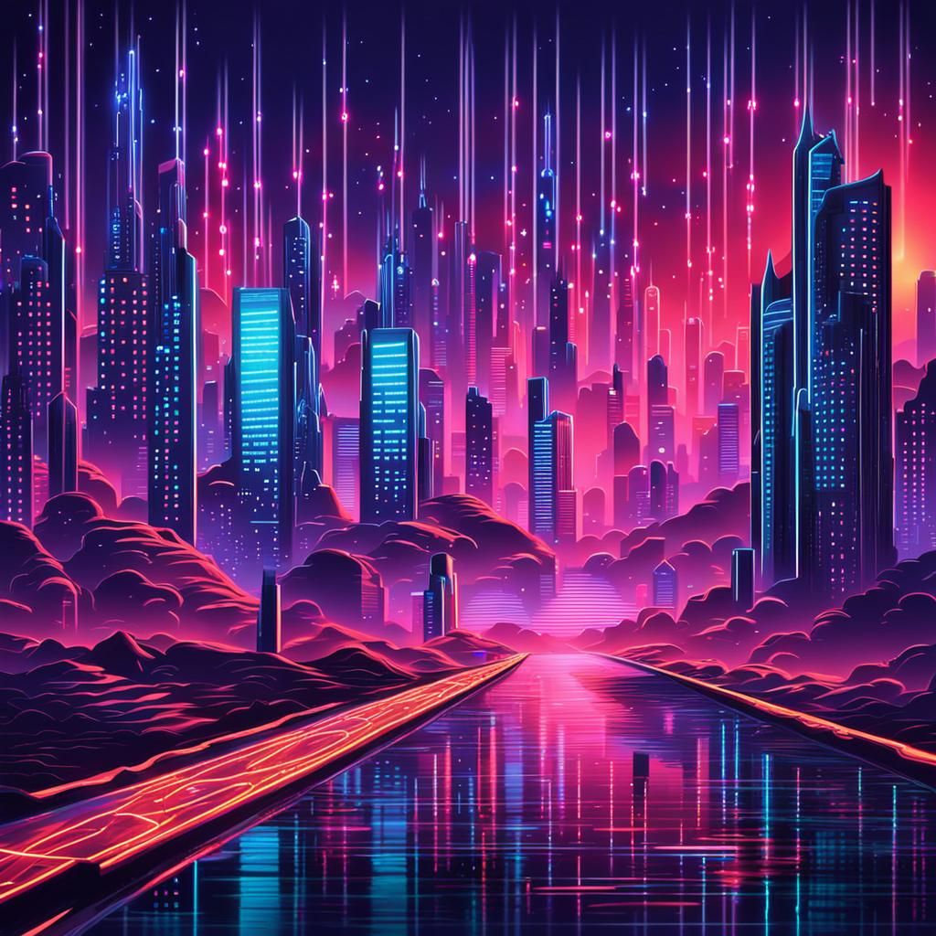 Futuristic Neon Cityscape with Binary Code Elements