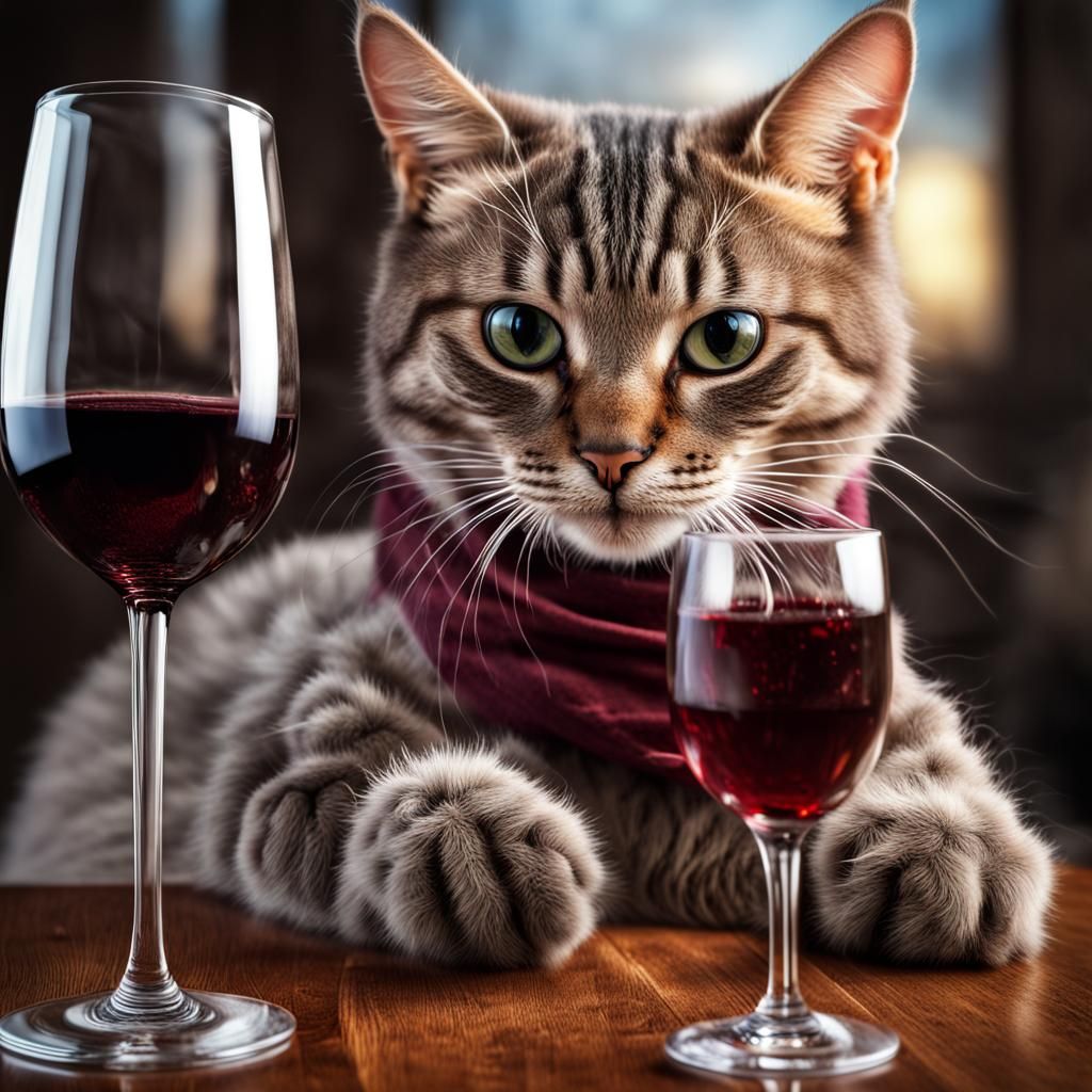 Hyperrealistic Cat Sipping Wine with Graphic Text