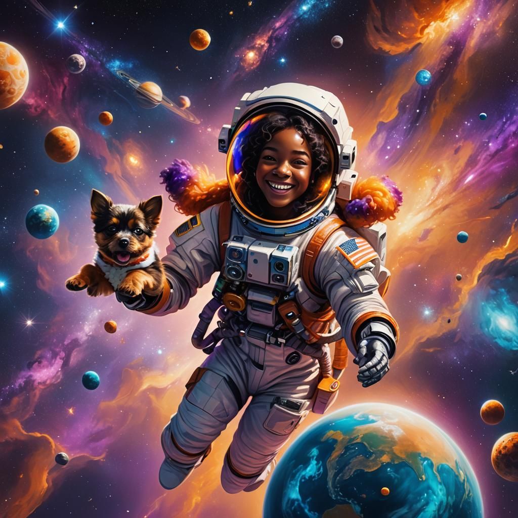 Astronaut and Puppy Play in Space: Digital Matte Painting
