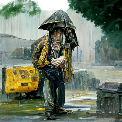 Melancholy Man in Rain: Oil Painting