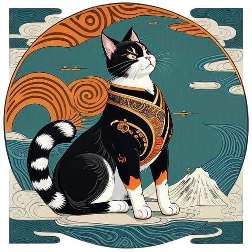 Whimsical Japanese Cat Samurai in Traditional Armor