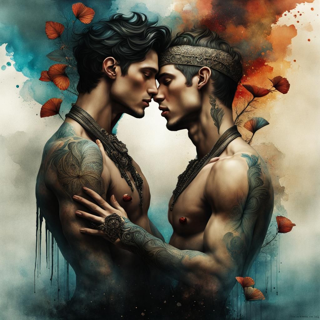 Intimate Kiss in Ink and Watercolor Style