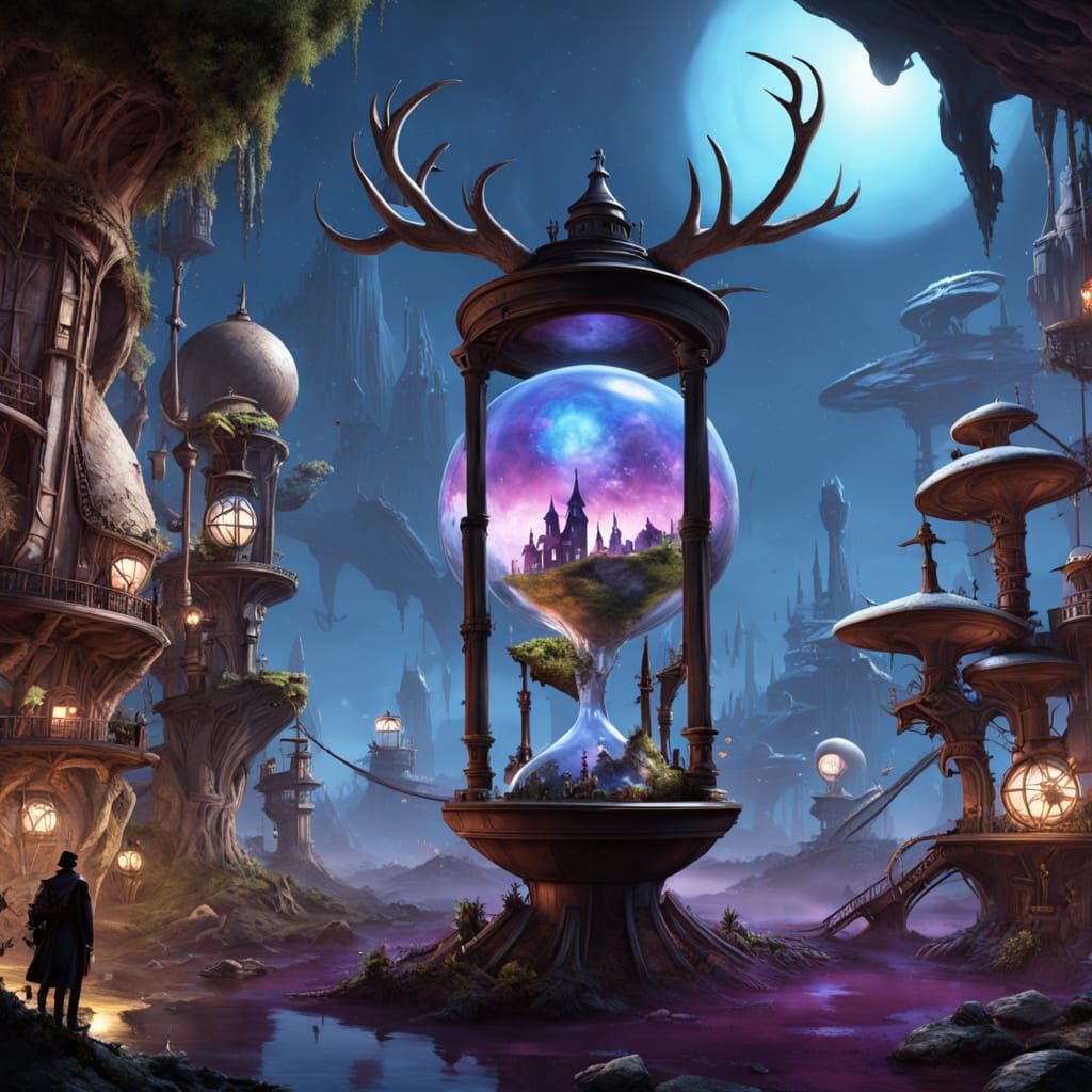 Antlered Giant Tending Steampunk City in Hourglass