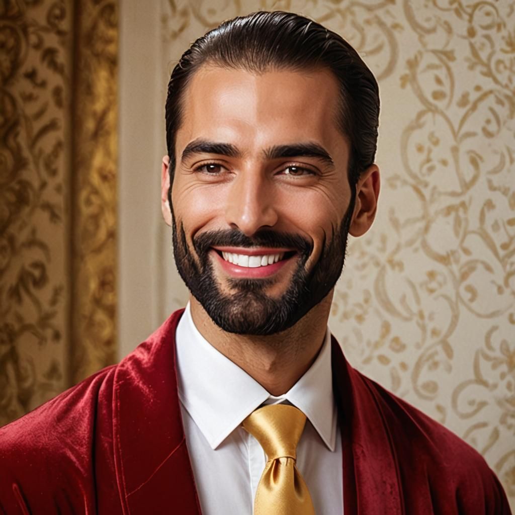 Elegant Man in Red Velvet Robe with Golden Accents