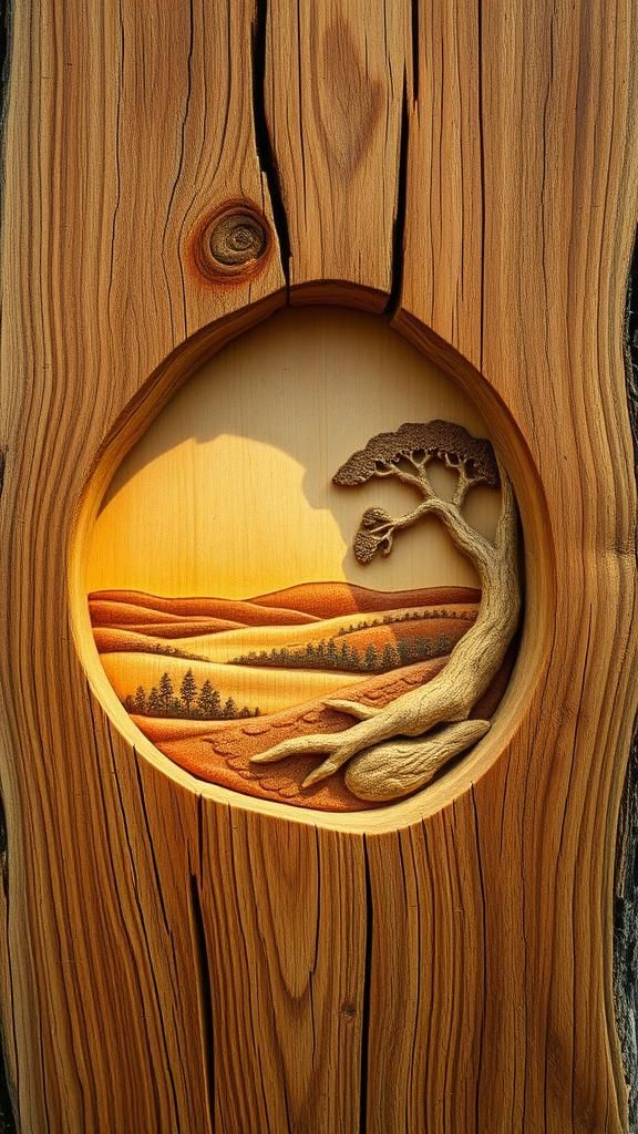 Sunrise Wood Carving in Folk-Art Style