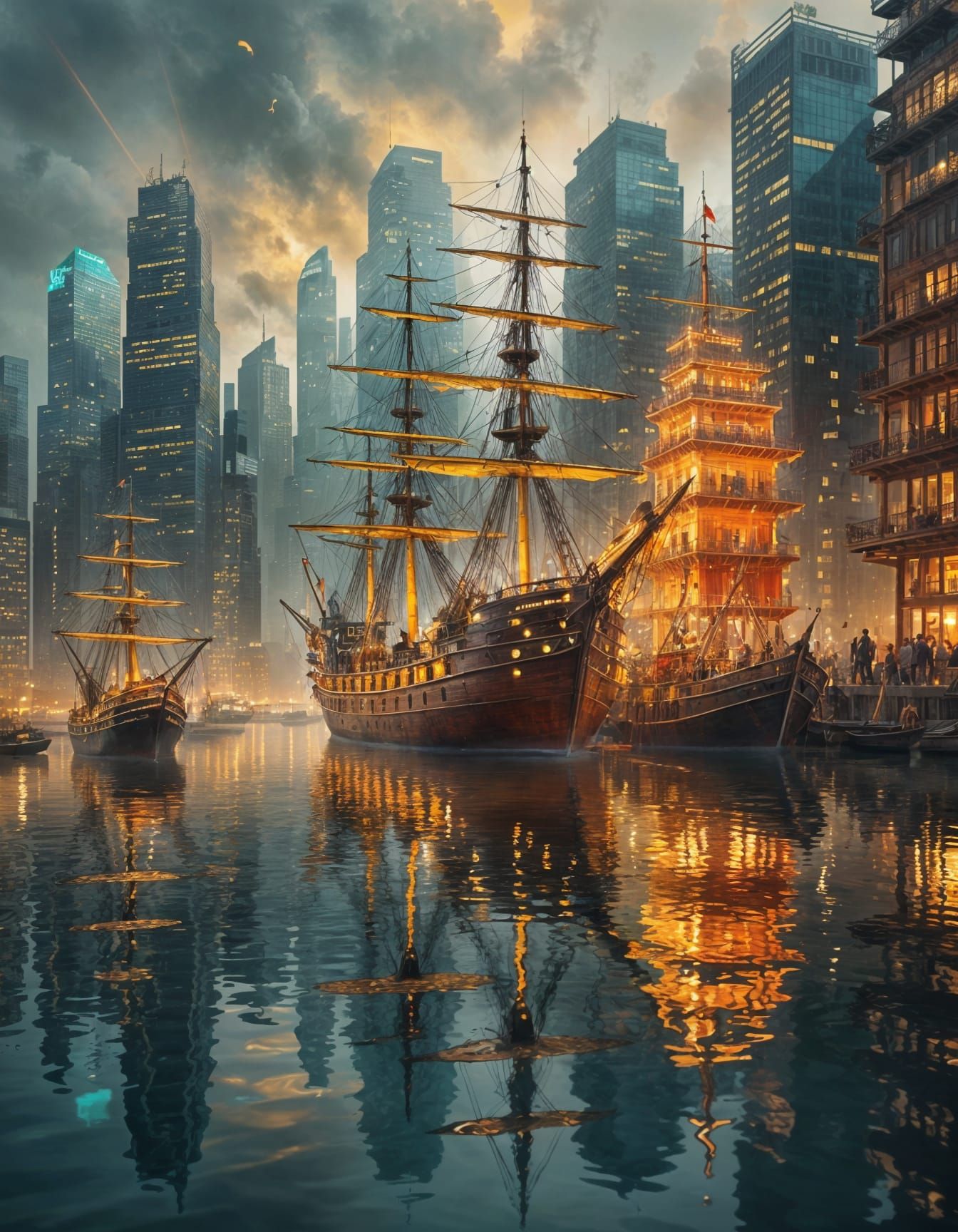 Surreal Ships Transform into Glowing Skyscrapers Over Calm W...