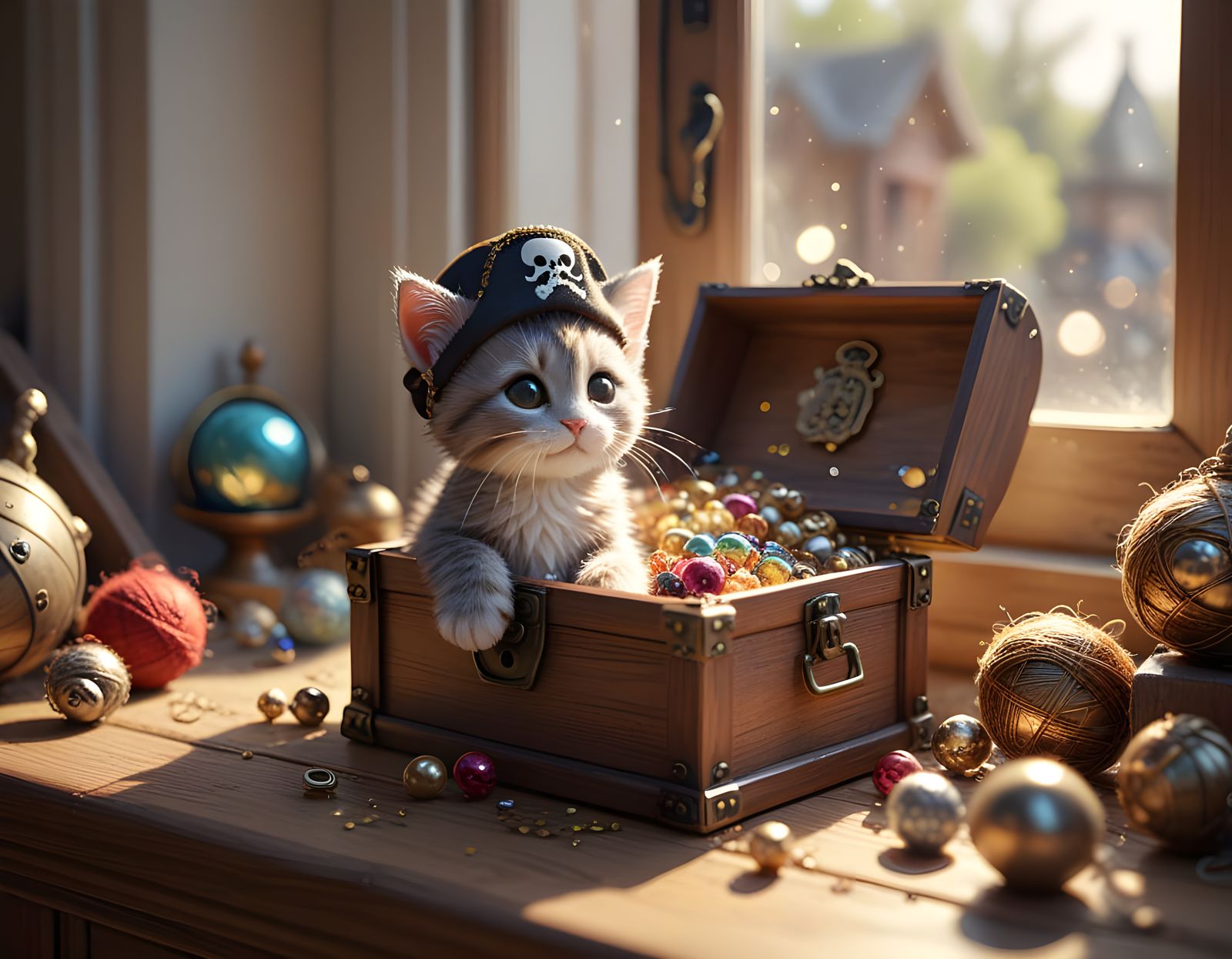 Whimsical Kitten Discovering Treasure: 3D Digital Art