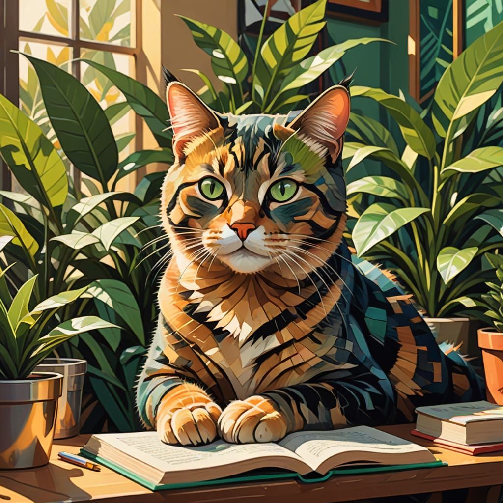 Millennial Cat in Cubist Workspace with Plants