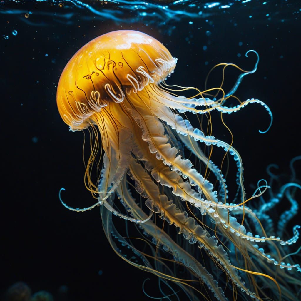 Glowing Jellyfish in Black & Yellow Waters, Bioluminescent T...