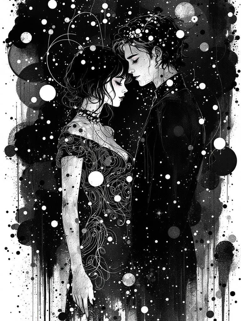 Elegant Woman in Black Dress, Murakami and Beardsley Style