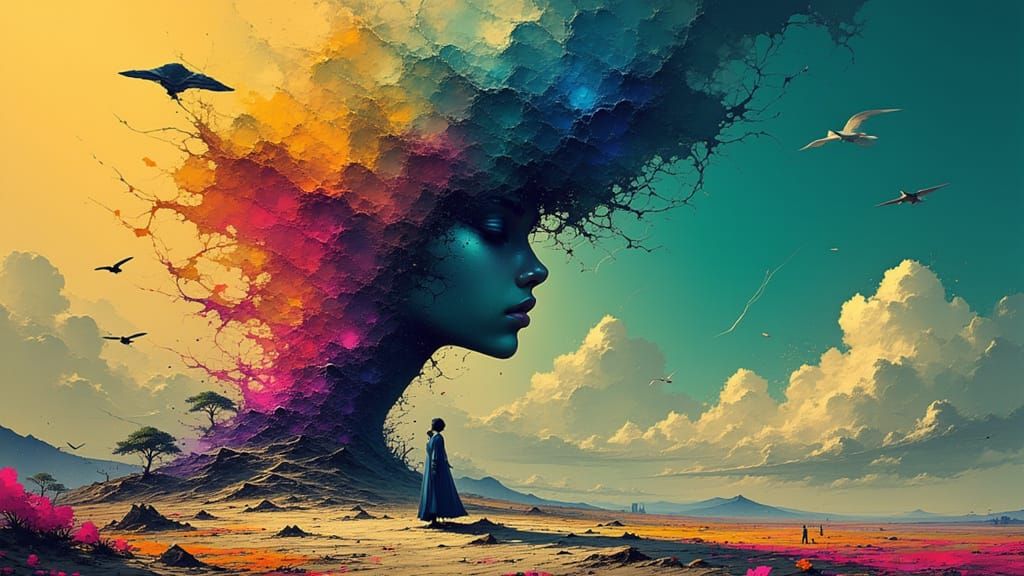 Colossal Iridescent Smoke Figure in Surreal Landscape