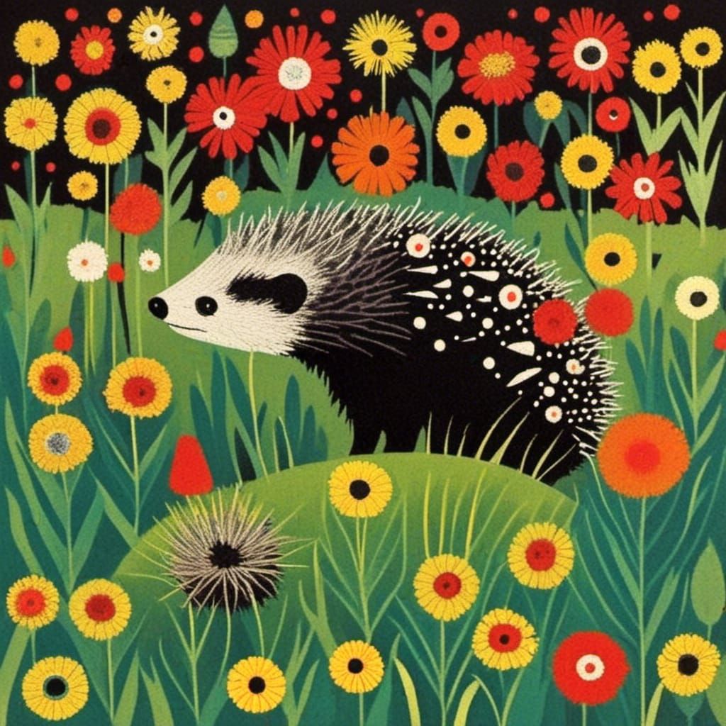 Hedgehog in Flower Garden, Stylized Digital Art