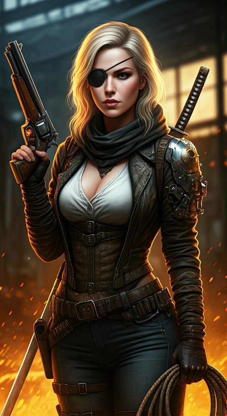 Gunslinger Woman in Industrial Chaos: Hyperrealistic Digital...