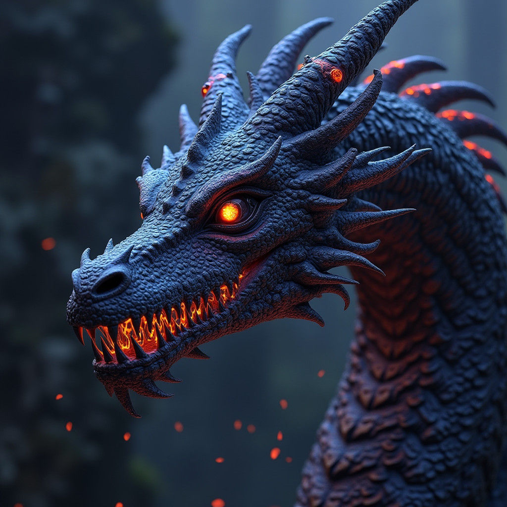 Majestic Black Dragon Head with Dark Magic Aura