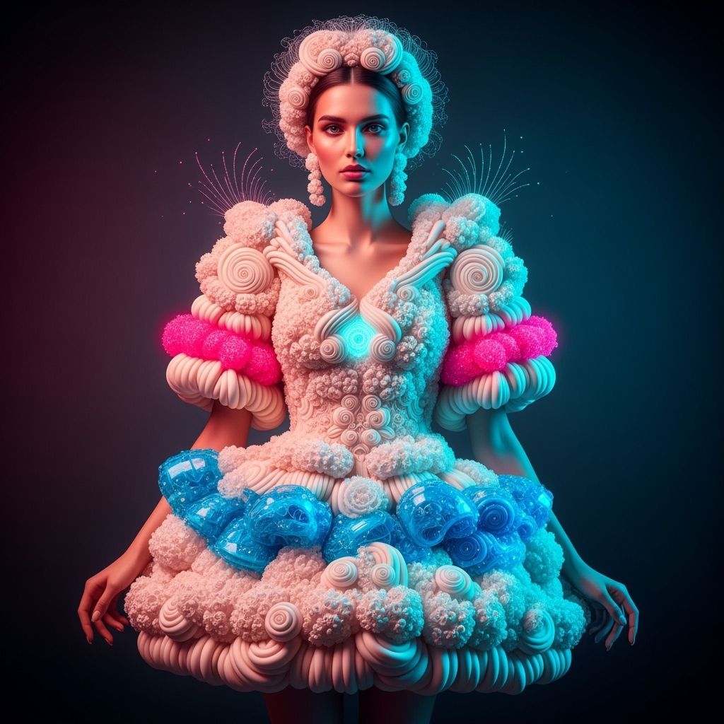 Woman in Creamy Dress with Neon Highlights, Digital Art