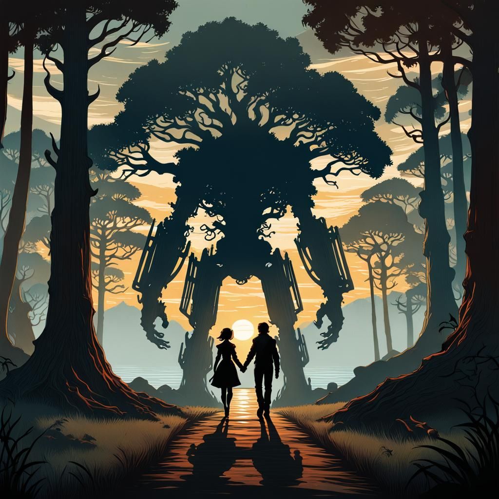 Silhouette of Children Under Ancient Trees in Arcane Style