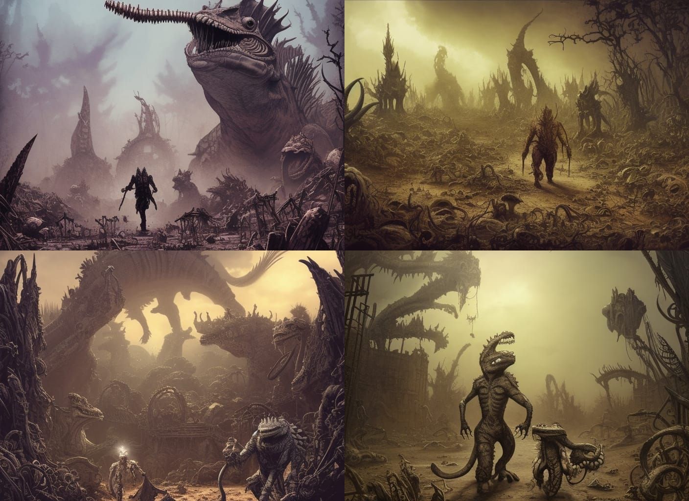 Lizardman in Barren Boneyard: Gritty Watercolor Art