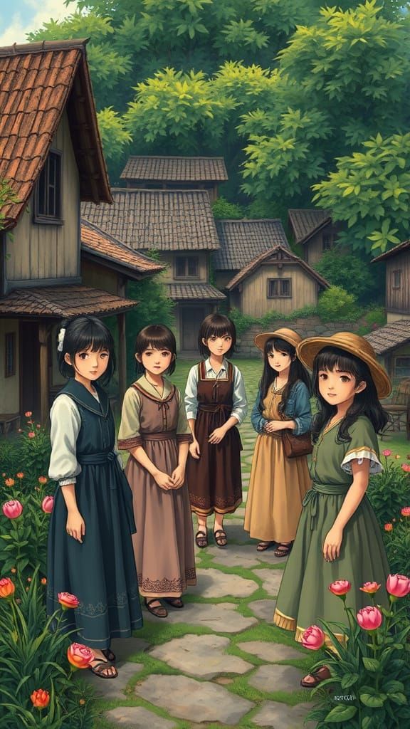 Girls in a Village Landscape, Folk Art Style