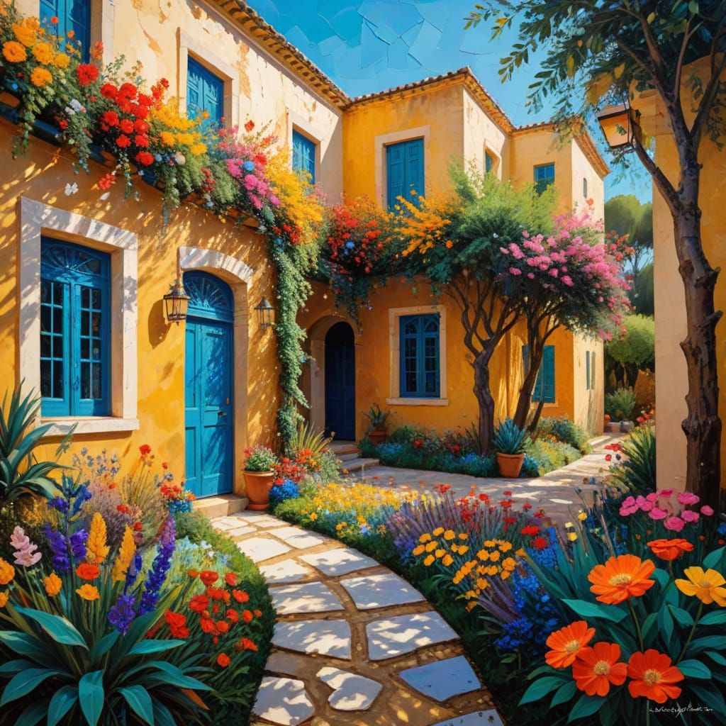 Fauvist Masterpiece: Vibrant Italian Courtyard in Gold Resin