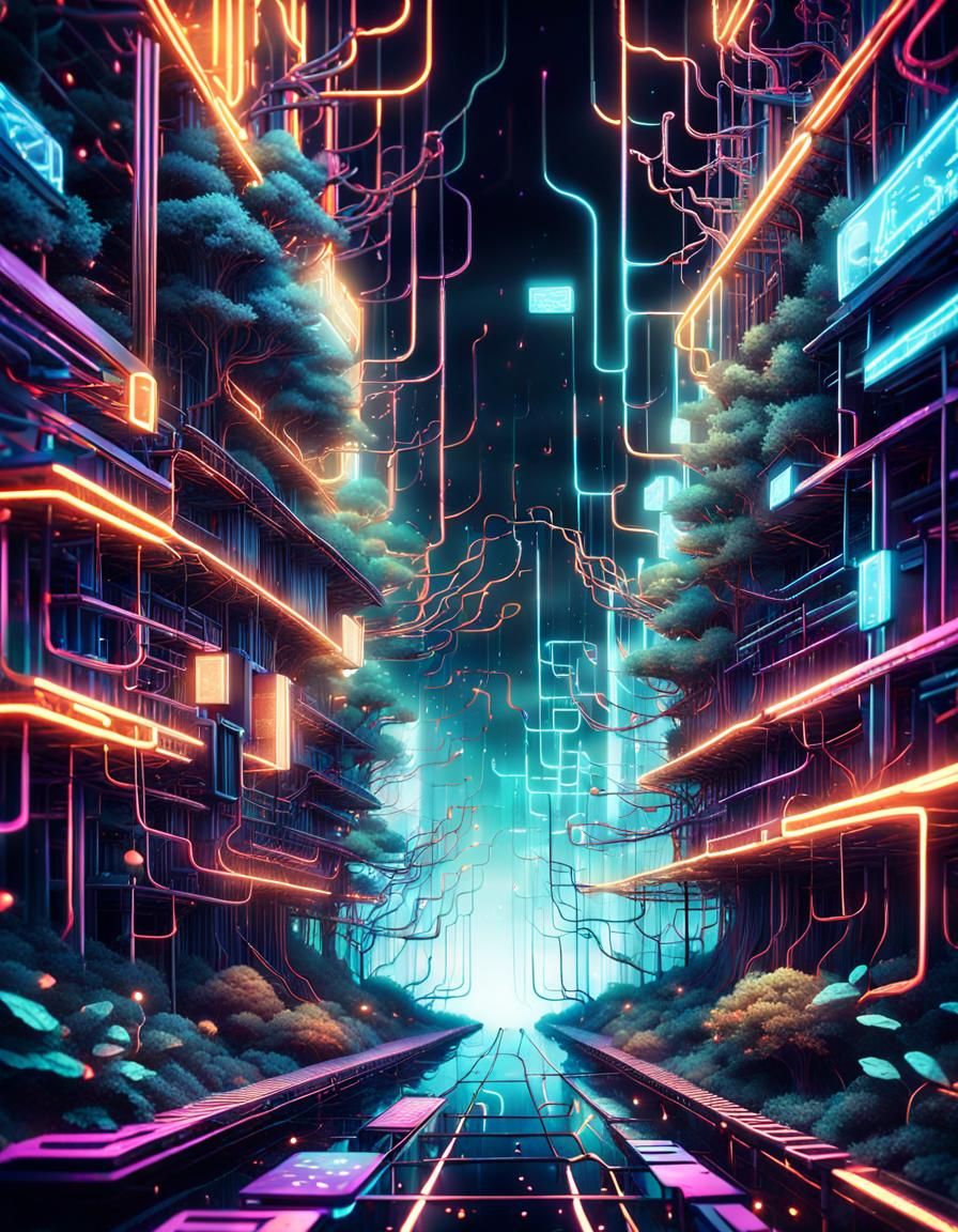 Surreal Binary Forest with Neon Circuits