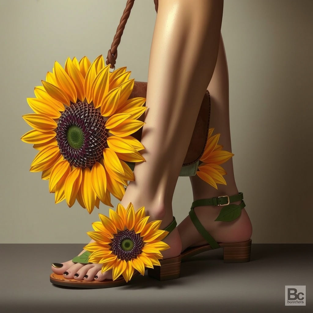 Hyperrealistic Sunflower Handbag and Sandal Design