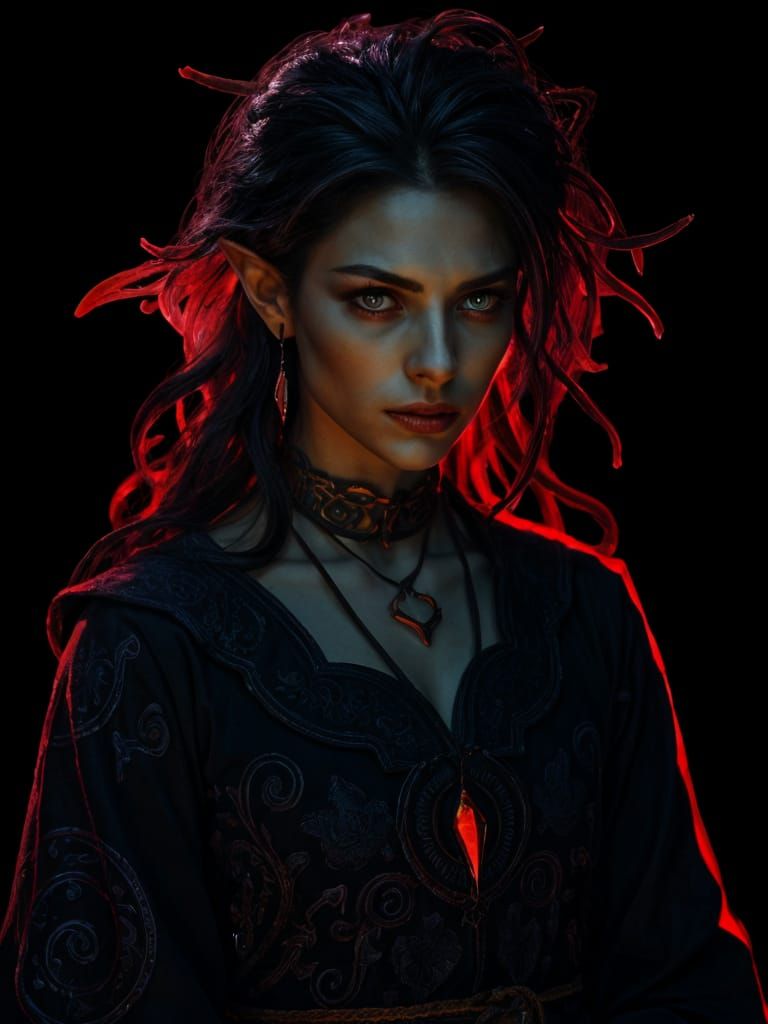 Elf-Orc Sorceress in Red Lightning