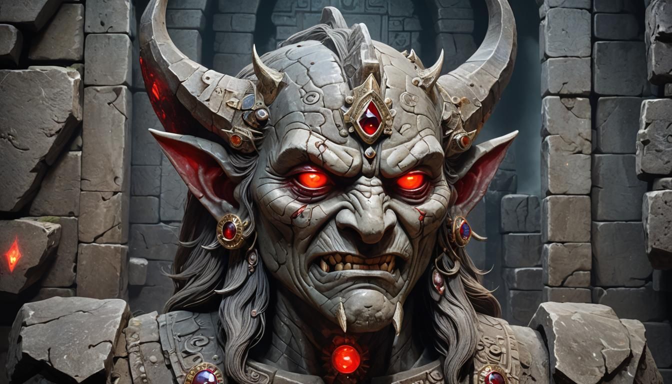 Ancient Gambling God with Gemstones in Dungeon