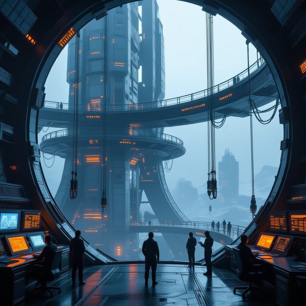 Futuristic Sci-Fi Control Center in Towering Metallic Struct...