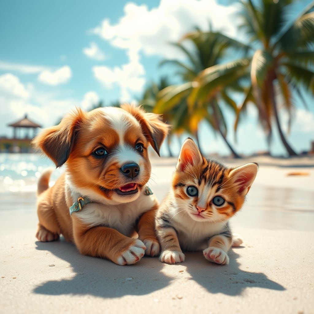 Playful Puppy and Kitten at Sunny Beach