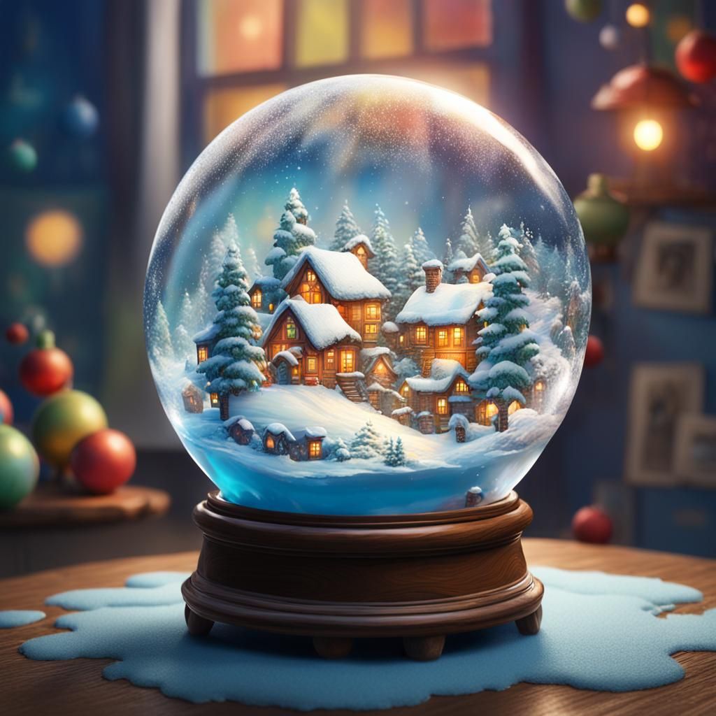 Whimsical Village Inside Hyperrealistic Snow Globe