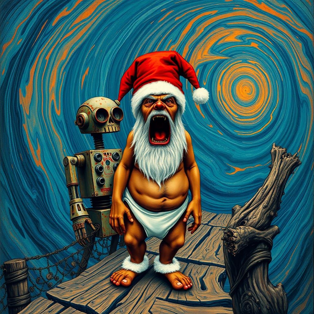 An intensely emotive anthropomorphic screaming santa claus wearing a diaper, reminiscent of Edvard Munch's iconic The ...