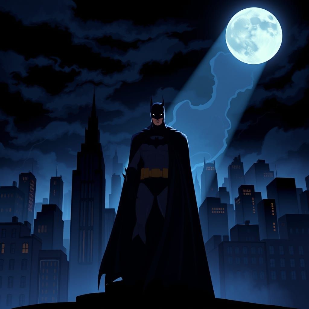Batman in Gothic City Under Stormy Sky